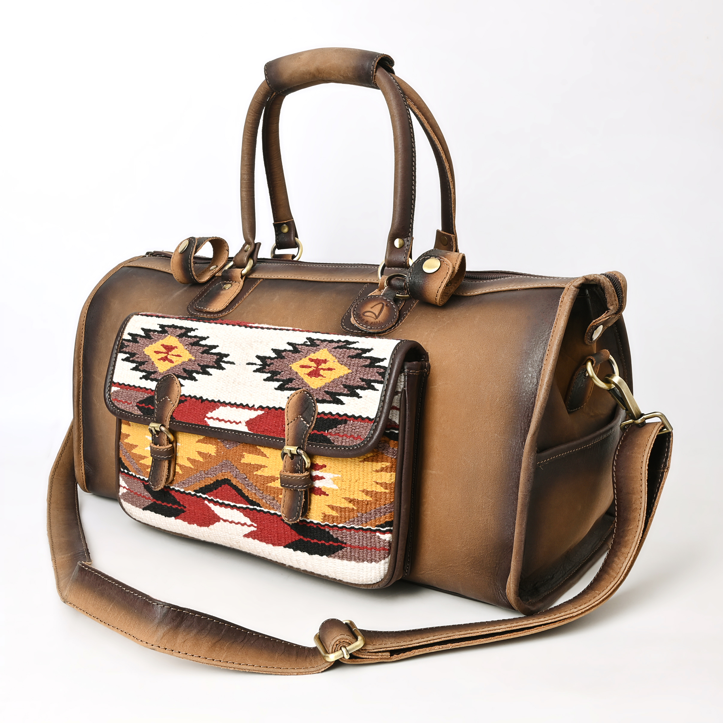 Copy of DSC_0735 copy Rustic Handcrafted Genuine Leather and Woven Kilim Fabric Daypack Backpack with Padded Interior and Adjustable Straps - Image 1