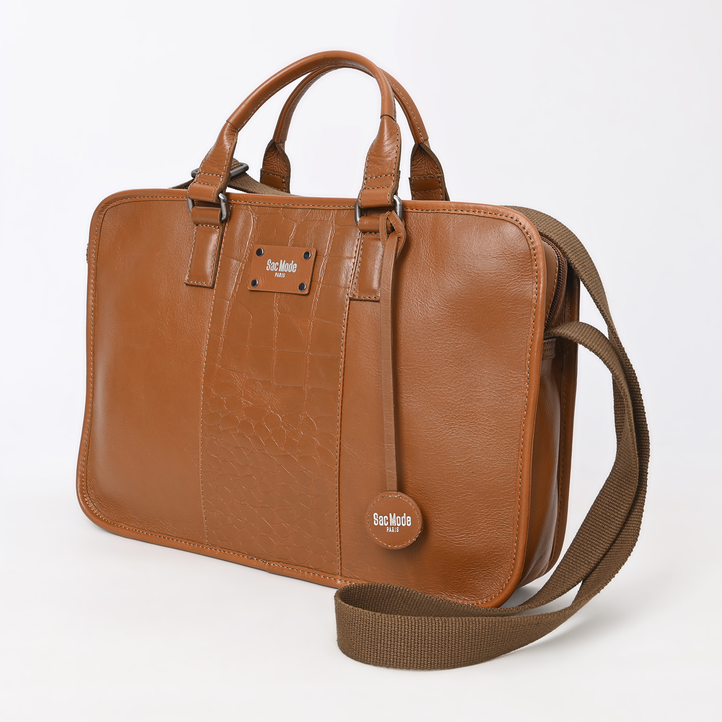 _DSC0927 copy Premium Hazelnut Leather Laptop Bag with Crocodile-Embossed Detail and Multi-Pocket Organizer for Business Professionals - Image 1
